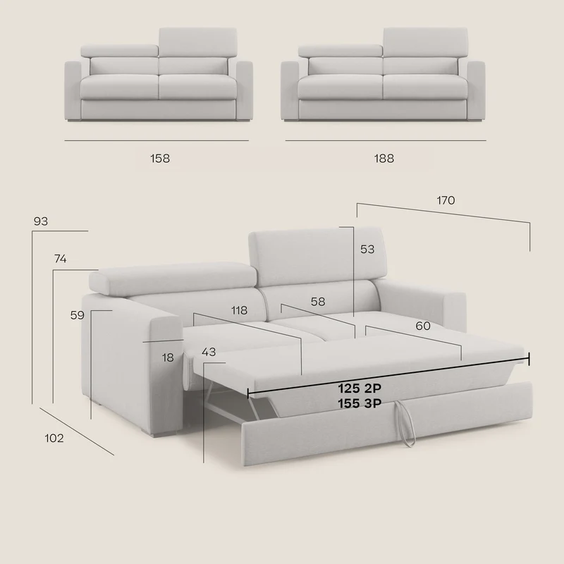 Dylan canapé avec pouf extractible en tissu effet coton imperméable T13 anthracite