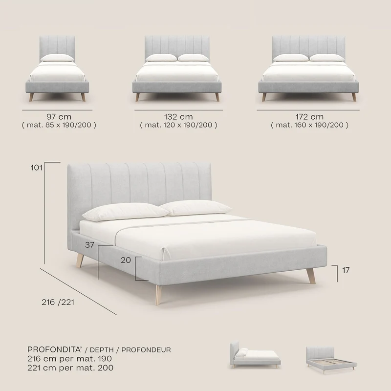 Selene lit rembourré avec pieds bois naturel déhoussable en tissu imperméable T02 bleu ciel