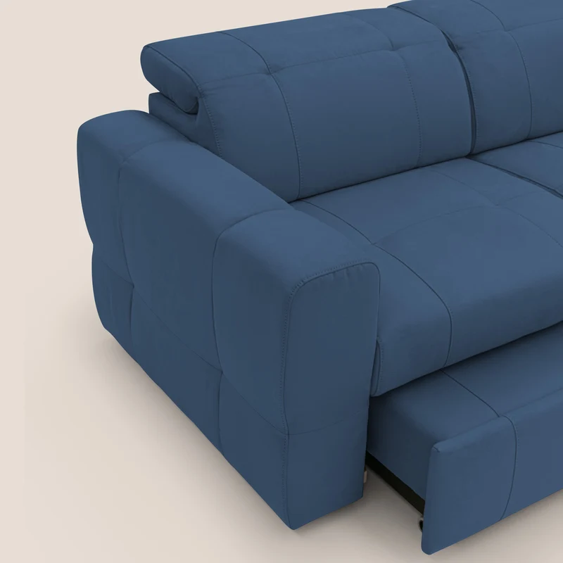 Kronos Canapé avec pouf extractible et têtières inclinalbes en microfibre douce imperméable T11 bleu