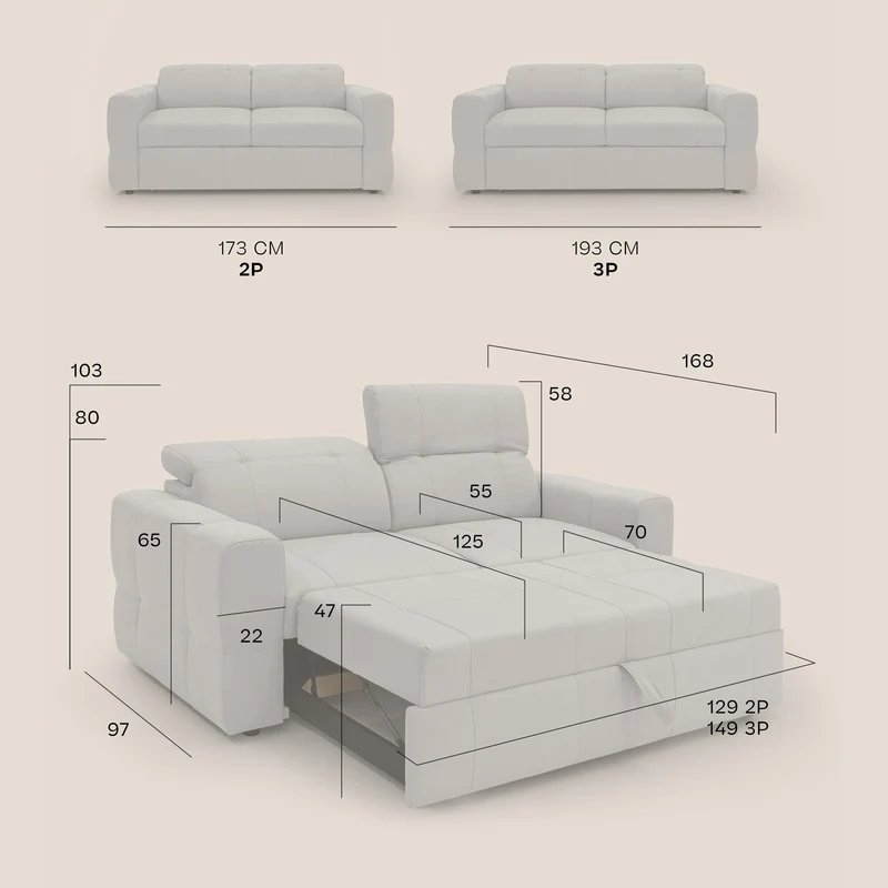Kronos Canapé avec pouf extractible et têtières inclinalbes en microfibre douce imperméable T11 bleu