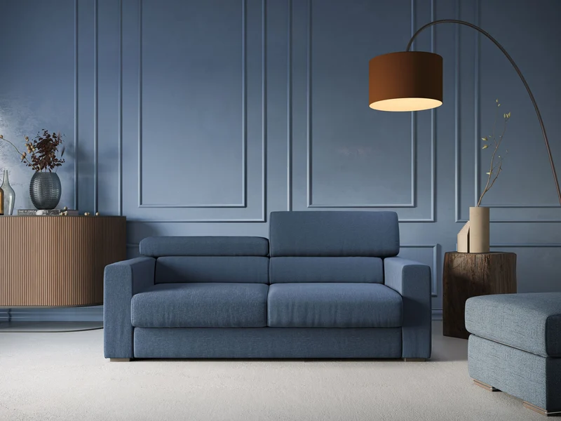 Dylan canapé avec pouf extractible en tissu effet coton imperméable T13 bleu