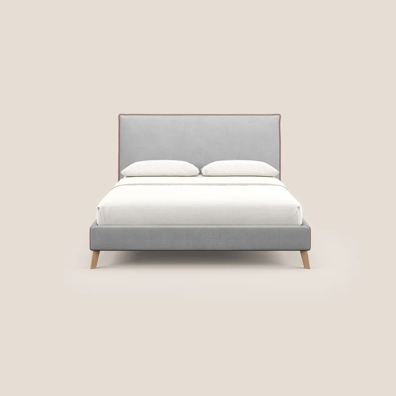 Leila lit rembourré avec pieds en bois et tissu détachable T17 gris - rose