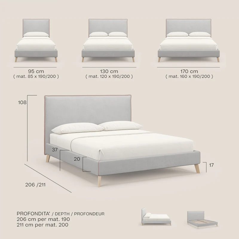 Leila lit rembourré avec pieds en bois et tissu détachable T17 gris - rose