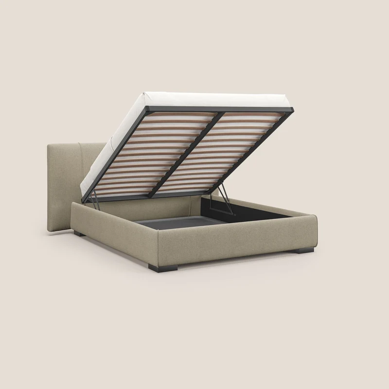Omero lit avec coffre rembourré déhoussable en tissu flammé imperméable T14 beige