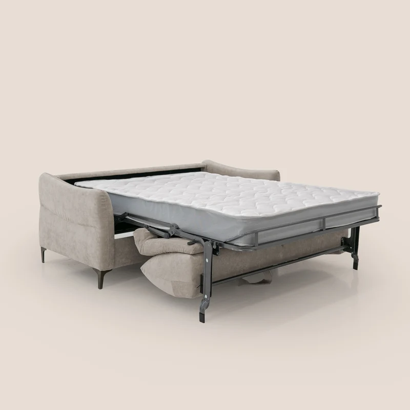 Dalia canapé convertible avec matelas H 18cm et pieds hauts en tissu détachable raffiné T17 beige
