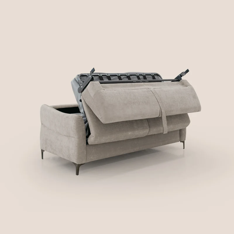 Dalia canapé convertible avec matelas H 18cm et pieds hauts en tissu détachable raffiné T17 beige