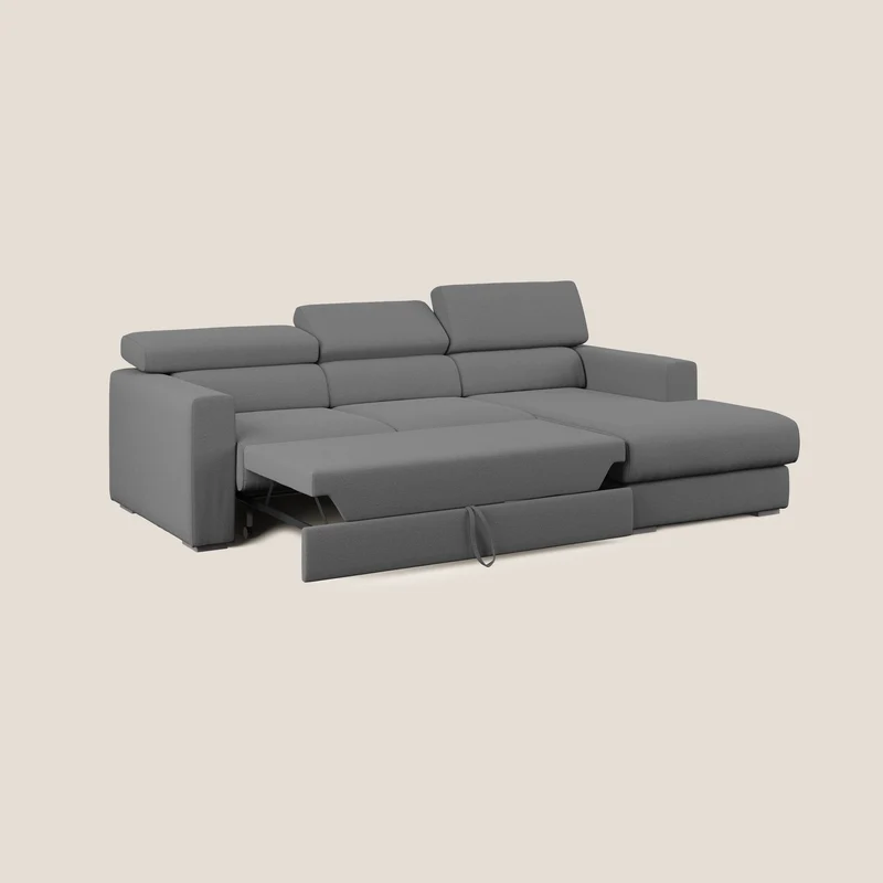 Dylan canapé d'angle avec méridienne et pouf extractible en tissu flammé effet coton imperméable T19 anthracite