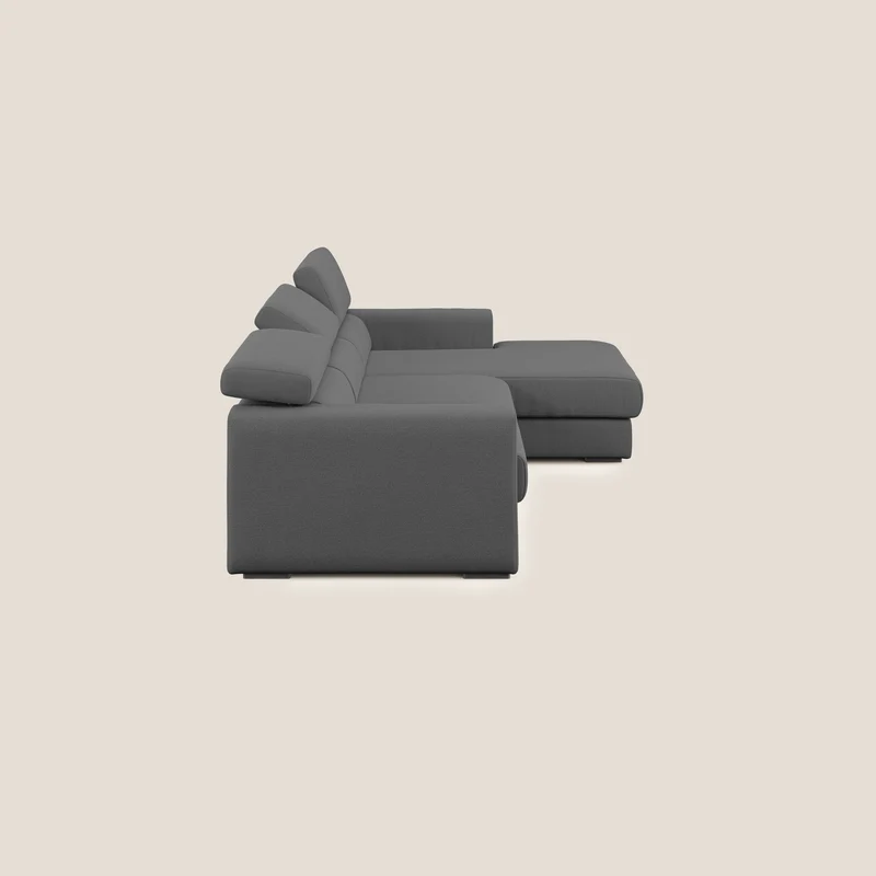 Dylan canapé d'angle avec méridienne et pouf extractible en tissu flammé effet coton imperméable T19 anthracite