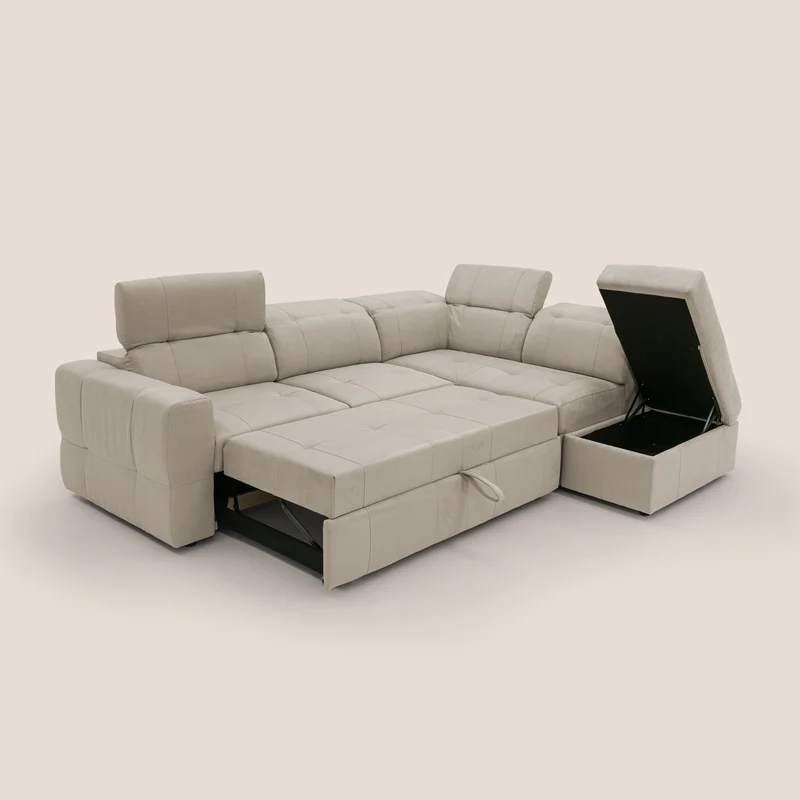 Kronos Canapé d'angle avec extractible et pouf coffre en micorfibre imperméable T11 Taupe tortora