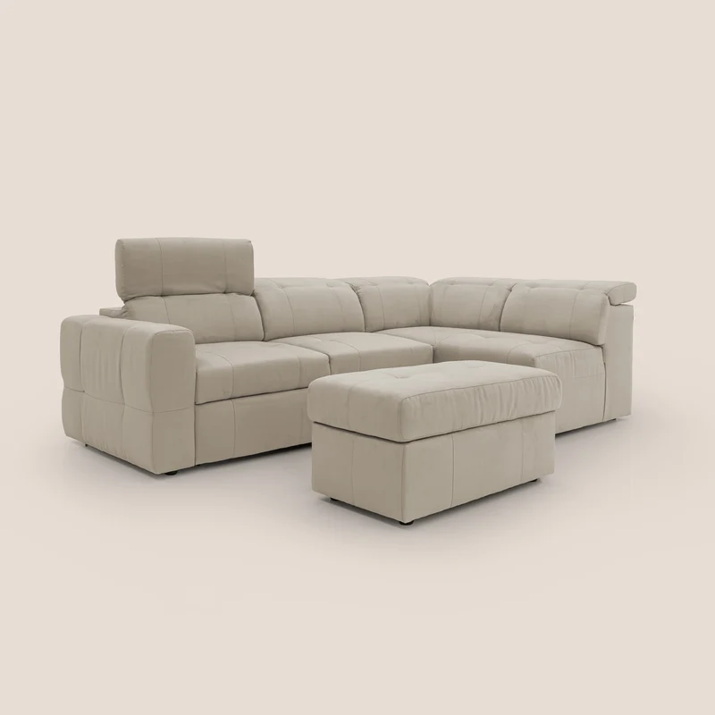 Kronos Canapé d'angle avec extractible et pouf coffre en micorfibre imperméable T11 Taupe tortora