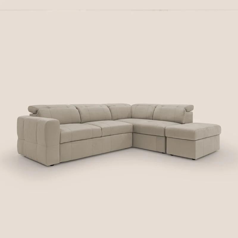 Kronos Canapé d'angle avec extractible et pouf coffre en micorfibre imperméable T11 Taupe tortora