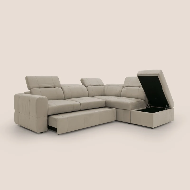 Kronos Canapé d'angle avec extractible et pouf coffre en micorfibre imperméable T11 Taupe tortora
