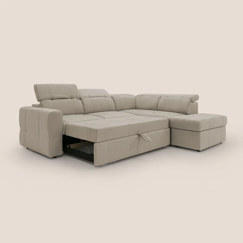 Kronos Canapé d'angle avec extractible et pouf coffre en micorfibre imperméable T11 Taupe tortora