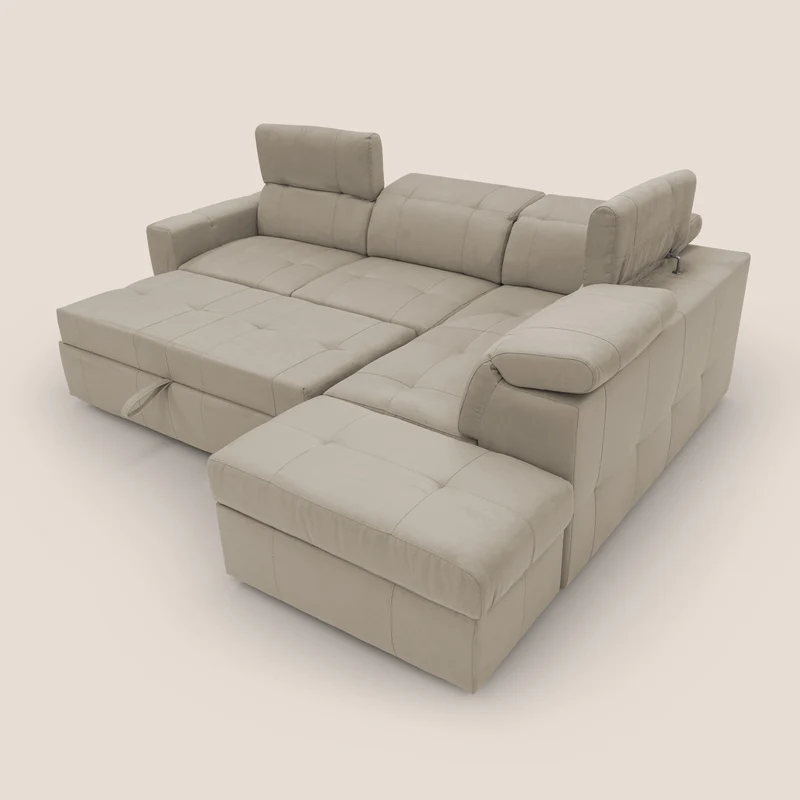 Kronos Canapé d'angle avec extractible et pouf coffre en micorfibre imperméable T11 Taupe tortora