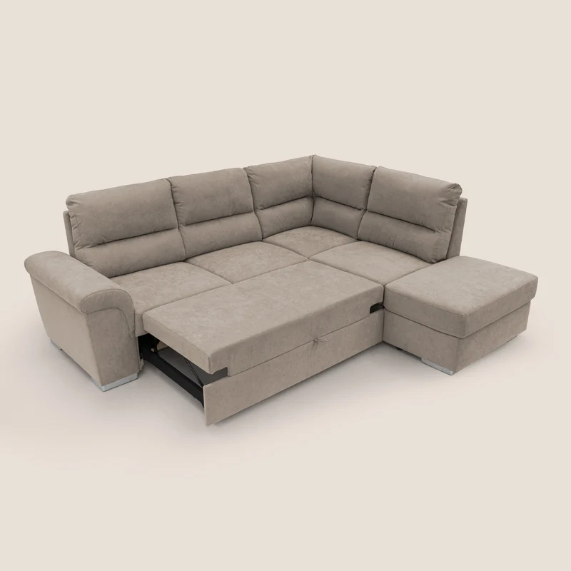 Minerva canapé d'angle avec angle et pouf extractible en tissu doux imperméable T02 beige