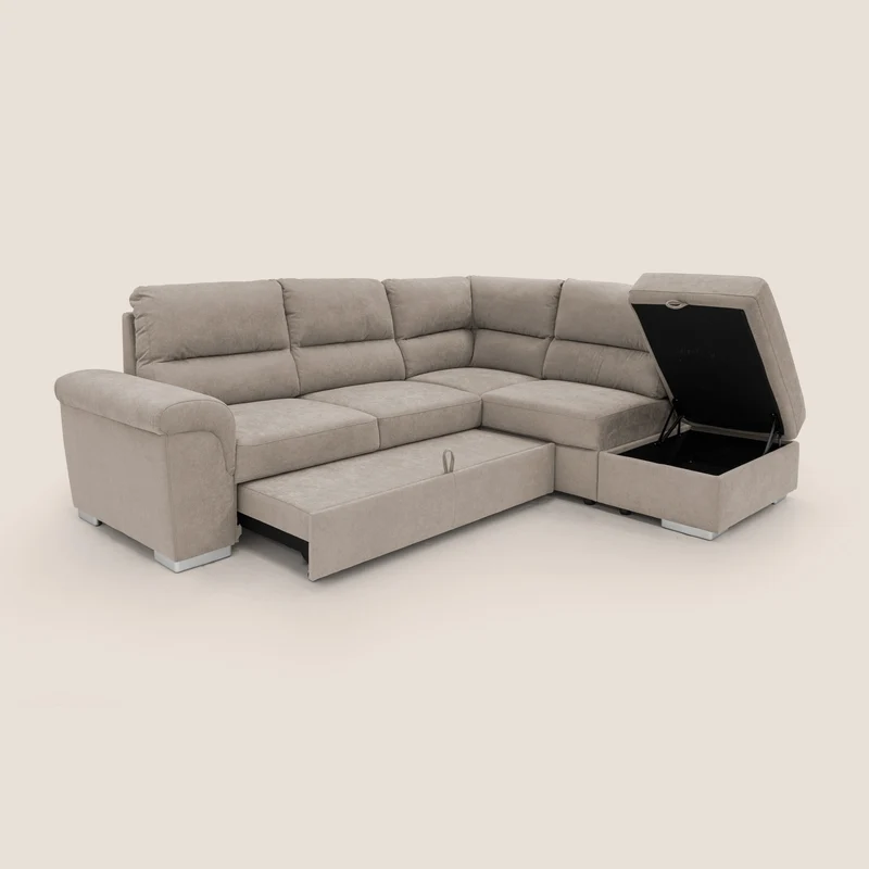 Minerva canapé d'angle avec angle et pouf extractible en tissu doux imperméable T02 beige