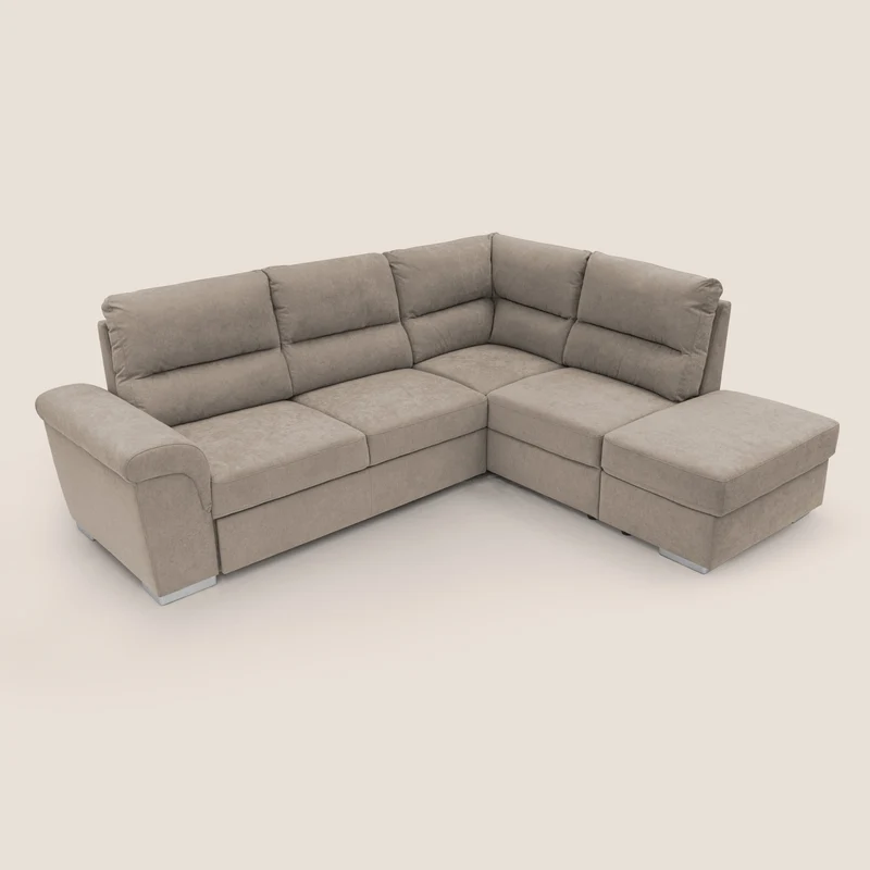 Minerva canapé d'angle avec angle et pouf extractible en tissu doux imperméable T02 beige