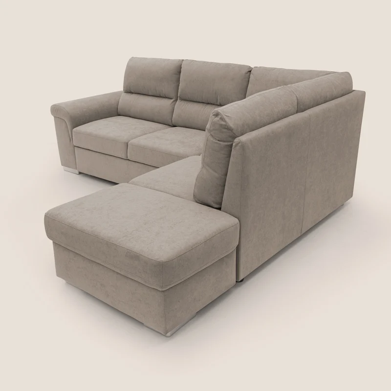 Minerva canapé d'angle avec angle et pouf extractible en tissu doux imperméable T02 beige