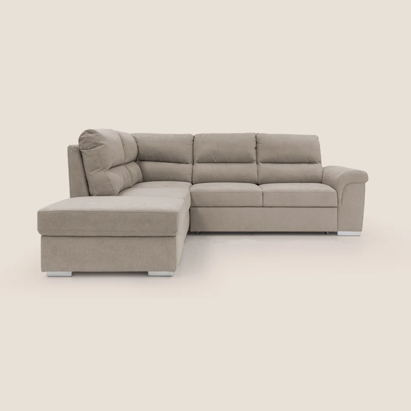 Minerva canapé d'angle avec angle et pouf extractible en tissu doux imperméable T02 beige