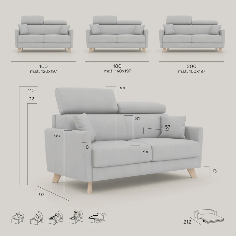 Francy canapé convertible avec têtières réglables en tissu détachable T17 gris