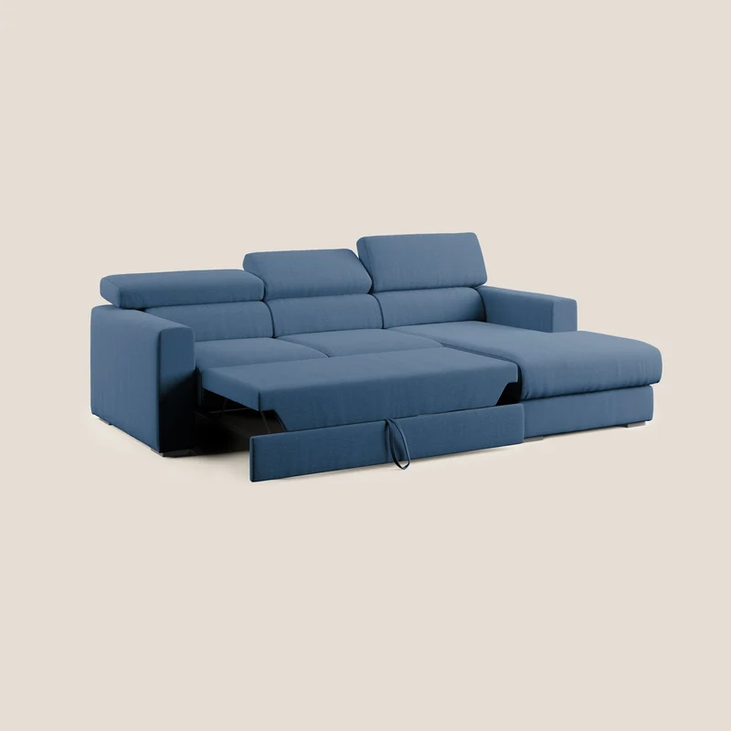 Dylan canapé d'angle avec méridienne et pouf extractible en tissu imperméable T13 bleu