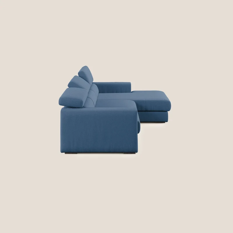 Dylan canapé d'angle avec méridienne et pouf extractible en tissu imperméable T13 bleu