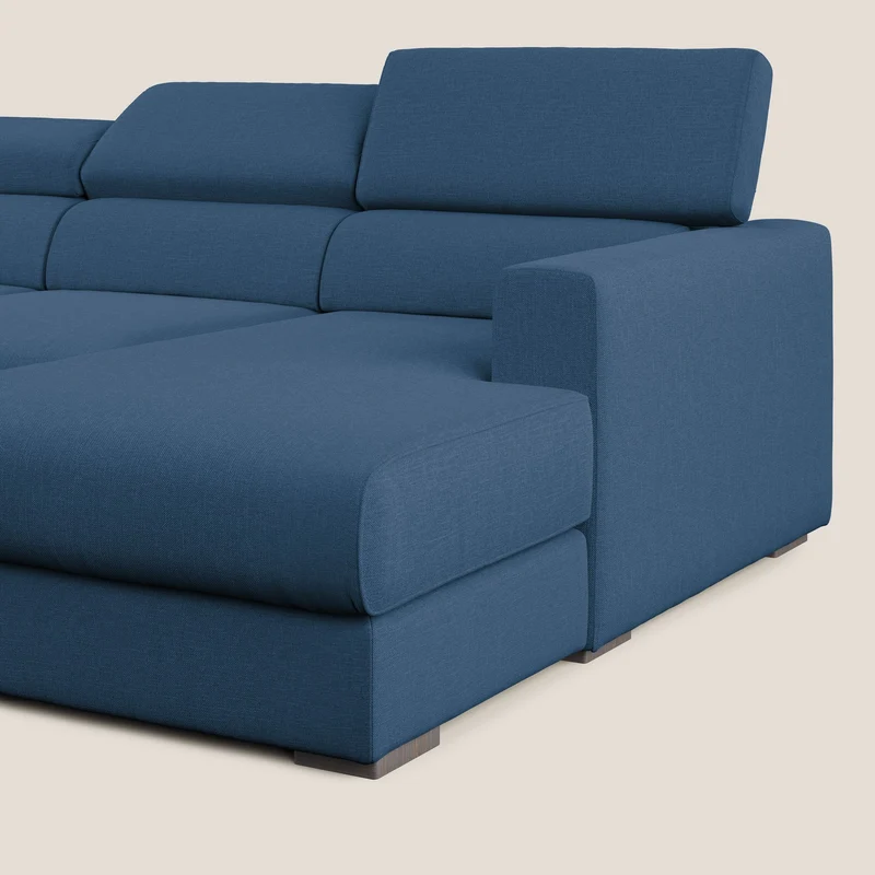 Dylan canapé d'angle avec méridienne et pouf extractible en tissu imperméable T13 bleu