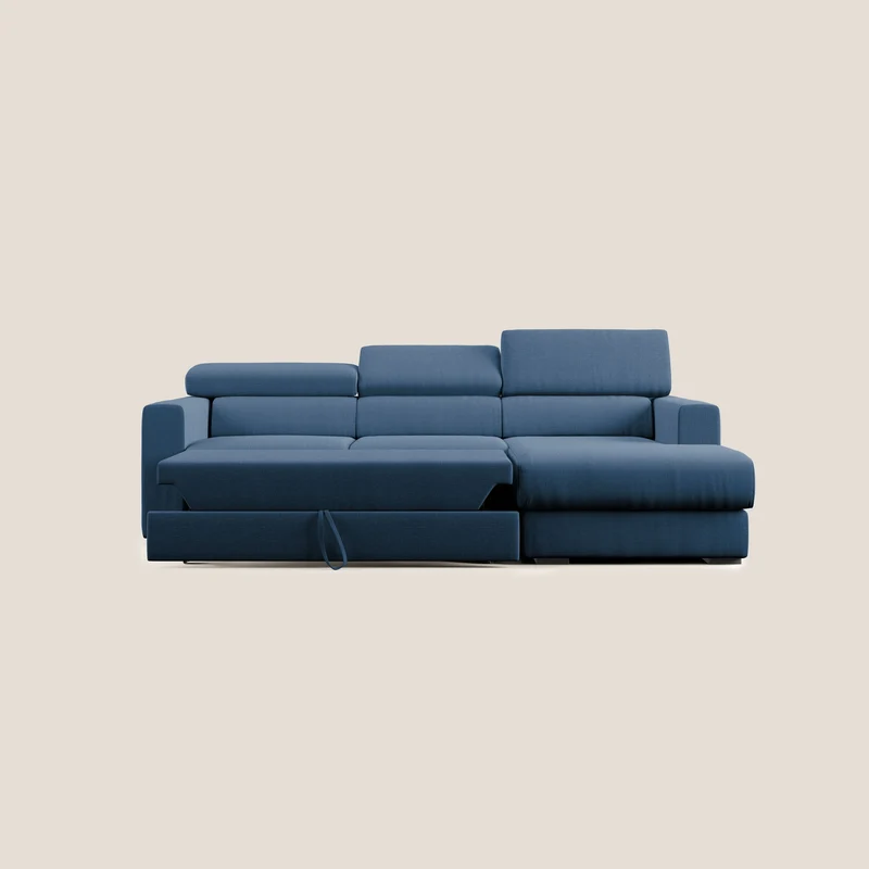 Dylan canapé d'angle avec méridienne et pouf extractible en tissu imperméable T13 bleu