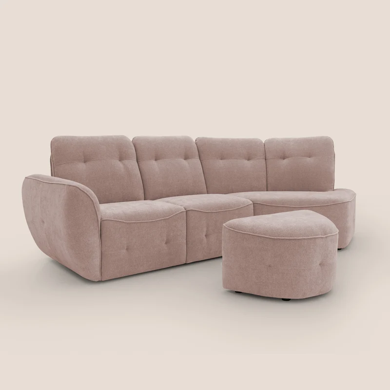 Cerbero canapé d'angle avec pouf terminal en bouclette douce imperméable T07 rose