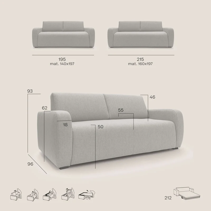Duna Canapé-lit double avec matelas 20 cm en tissu imperméable T03 beige