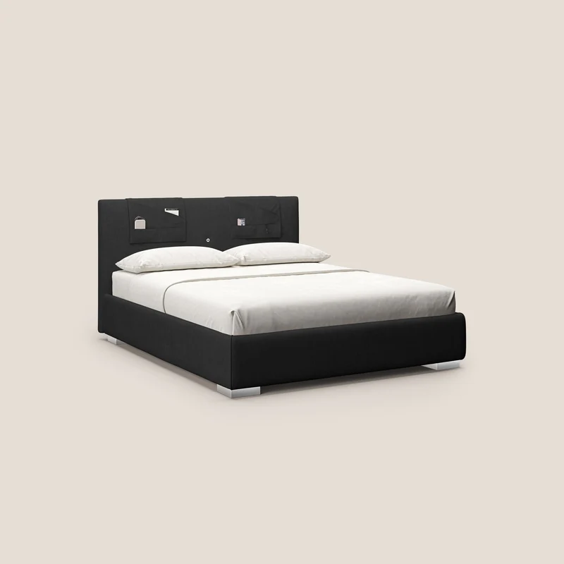 Horus lit rembourré avec coffre et prise USB sur la tête de lit en tissu imperméable T02 noir