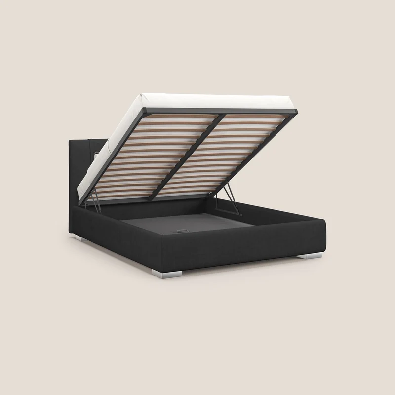 Horus lit rembourré avec coffre et prise USB sur la tête de lit en tissu imperméable T02 noir