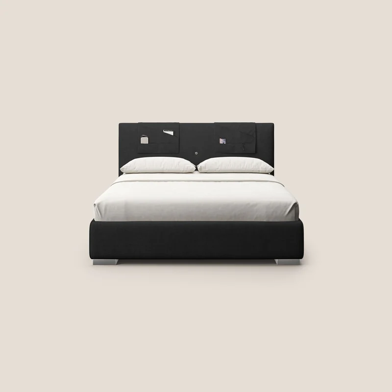 Horus lit rembourré avec coffre et prise USB sur la tête de lit en tissu imperméable T02 noir
