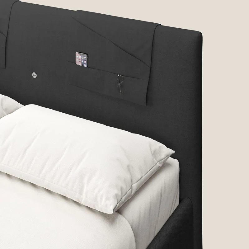 Horus lit rembourré avec coffre et prise USB sur la tête de lit en tissu imperméable T02 noir
