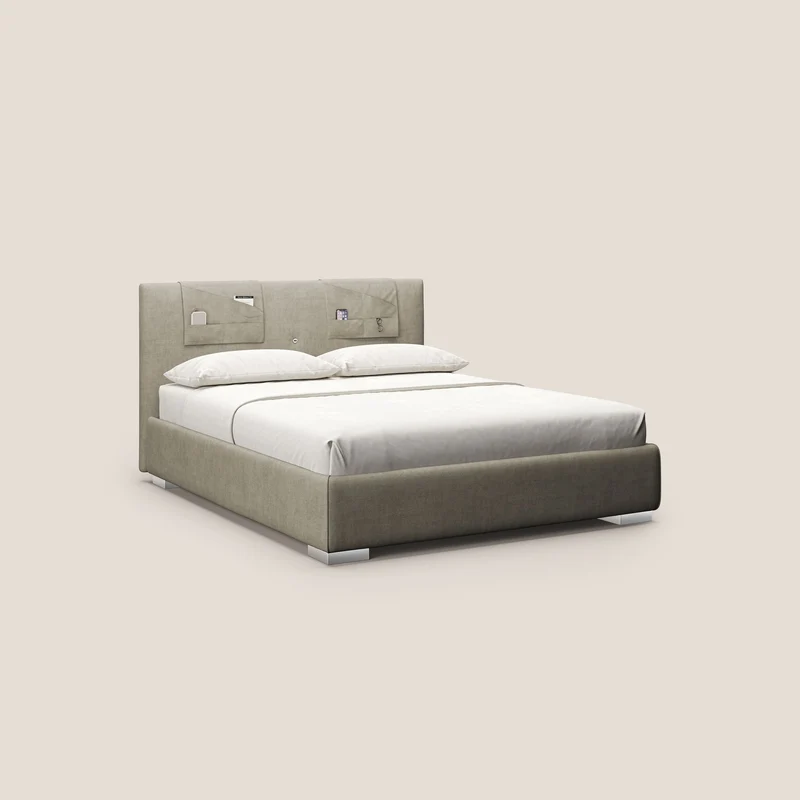 Horus lit rembourré avec coffre et prise USB sur la tête de lit en tissu imperméable T02 crème