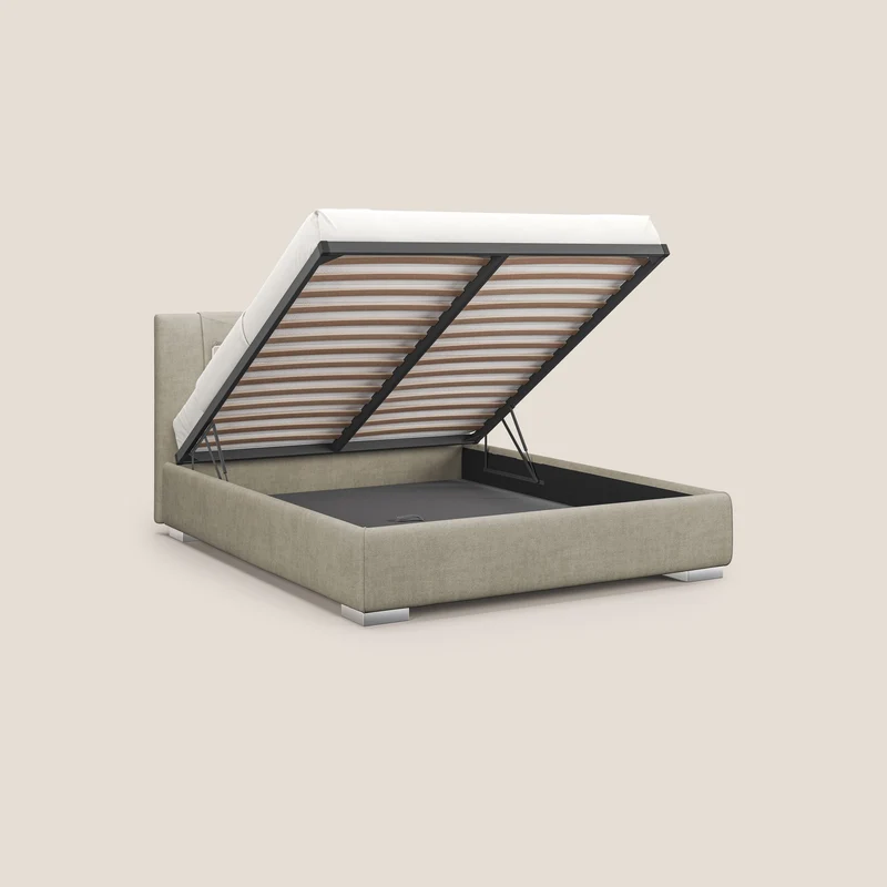 Horus lit rembourré avec coffre et prise USB sur la tête de lit en tissu imperméable T02 crème