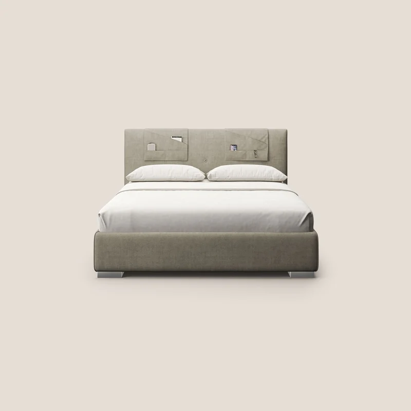 Horus lit rembourré avec coffre et prise USB sur la tête de lit en tissu imperméable T02 crème