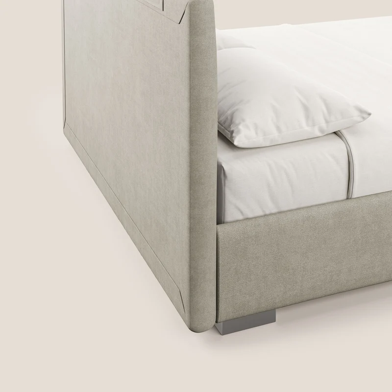 Horus lit rembourré avec coffre et prise USB sur la tête de lit en tissu imperméable T02 crème