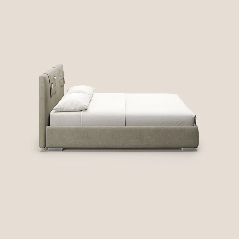 Horus lit rembourré avec coffre et prise USB sur la tête de lit en tissu imperméable T02 crème