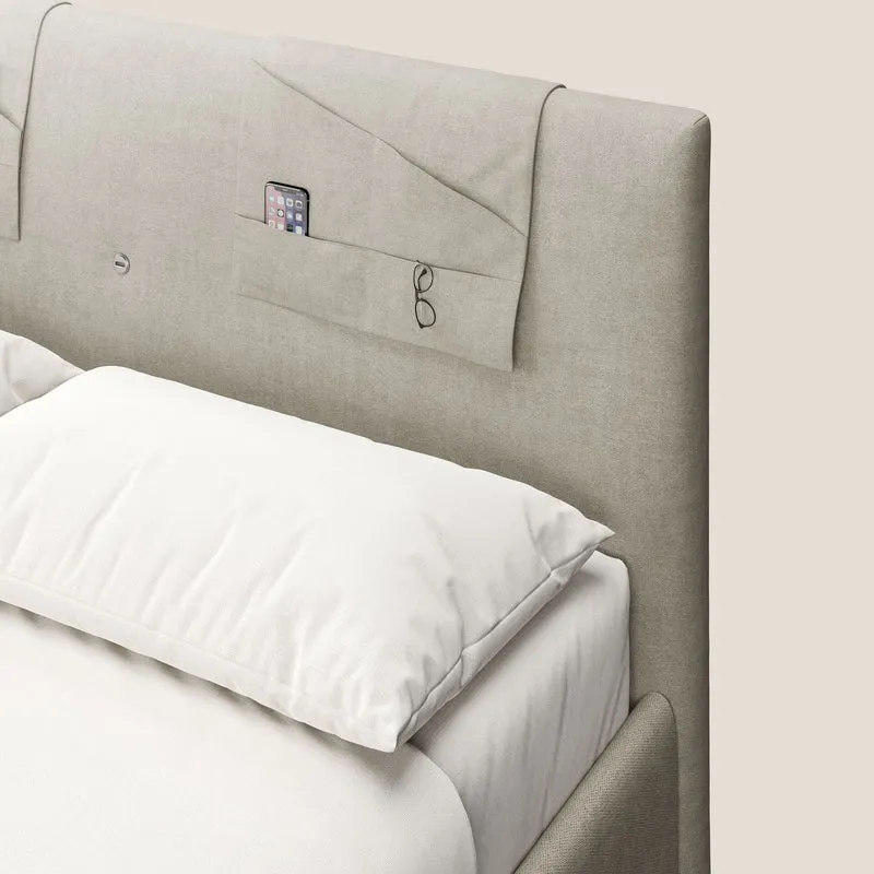 Horus lit rembourré avec coffre et prise USB sur la tête de lit en tissu imperméable T02 crème
