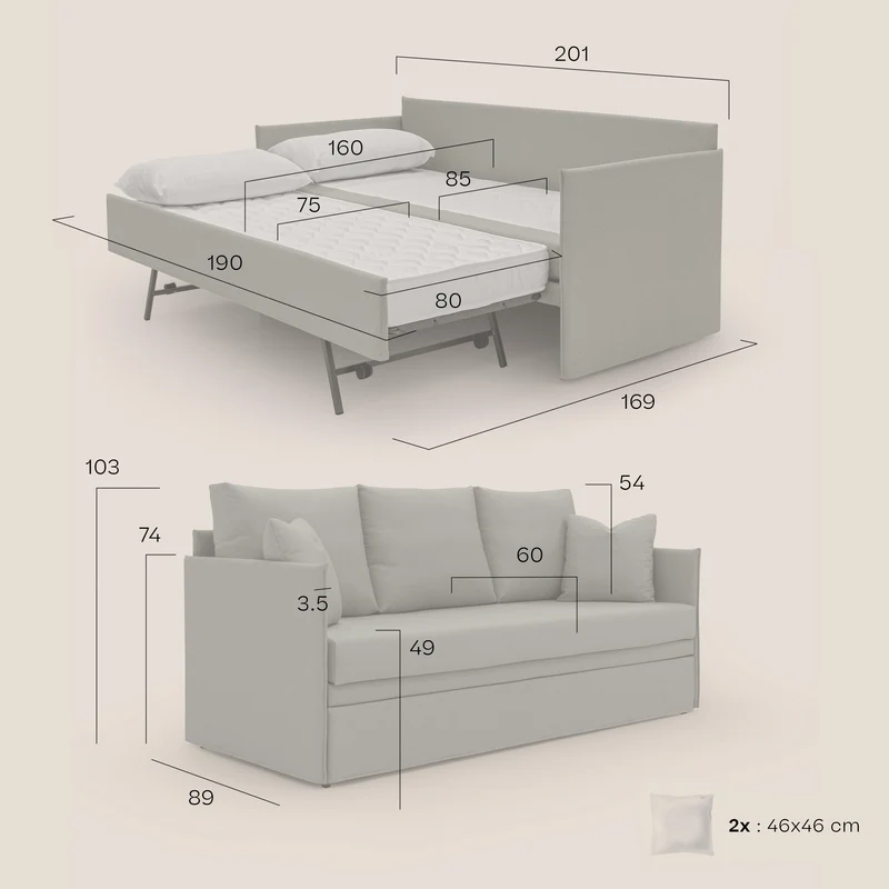 Brera Canapé duplex avec lits jumeaux et tissu effet coton imperméable T13 gris