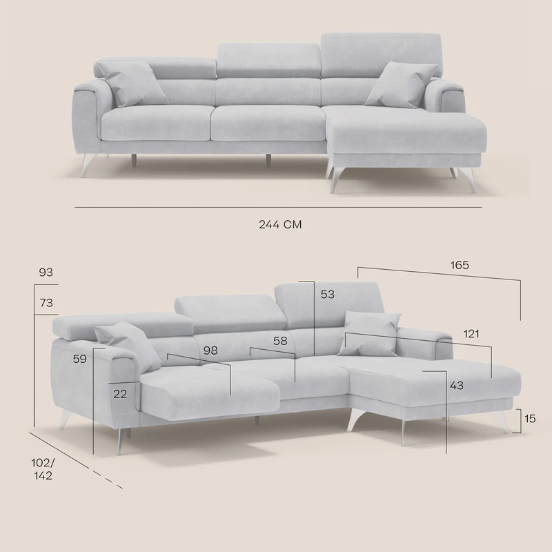 Caravaggio Canapé d'angle avec assises coulissantes en tissu doux imperméable T02 gris