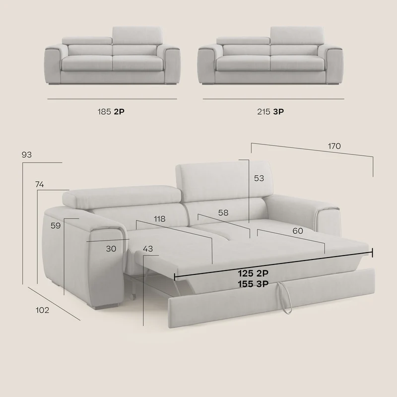 Zeno canapé linéaire avec pouf extractible en tissu doux imperméable T02 noir