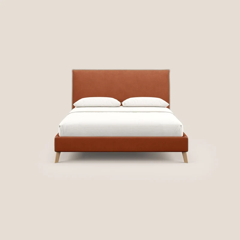 Leila lit rembourré avec pieds en bois et tissu détachable T17 orange - crème