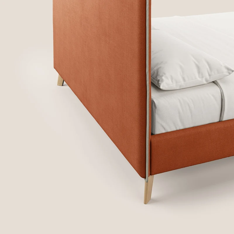 Leila lit rembourré avec pieds en bois et tissu détachable T17 orange - crème
