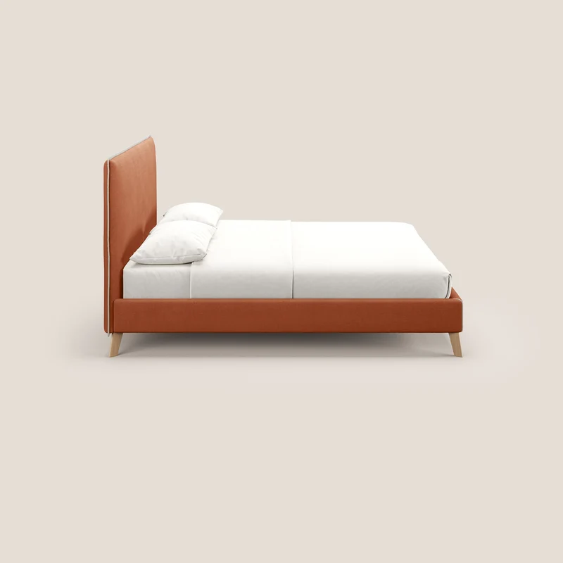 Leila lit rembourré avec pieds en bois et tissu détachable T17 orange - crème