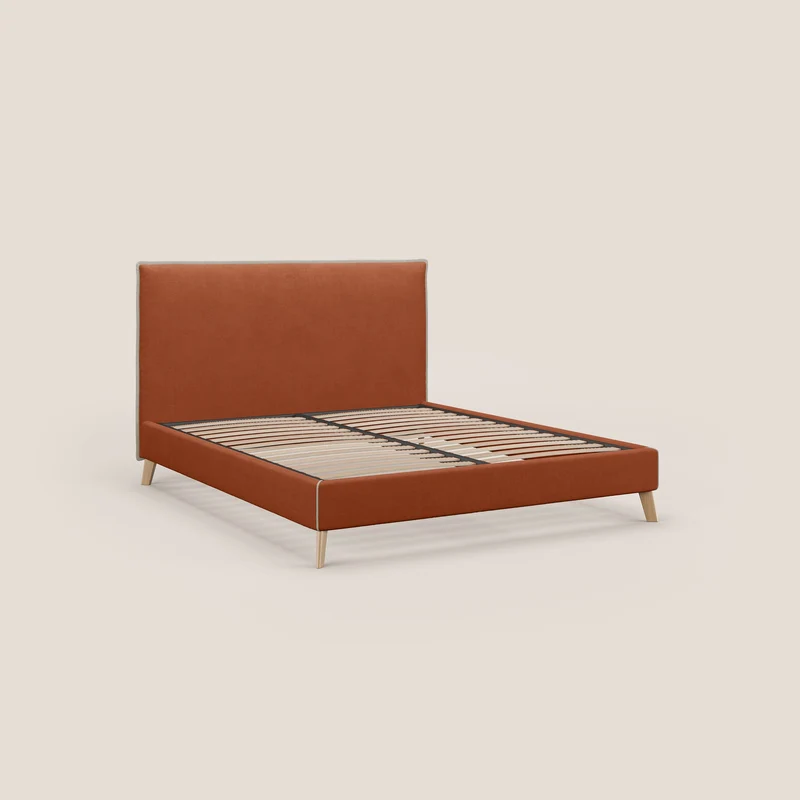 Leila lit rembourré avec pieds en bois et tissu détachable T17 orange - crème