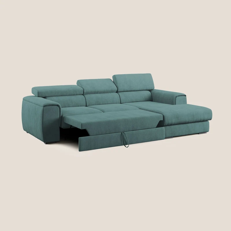 Zeno canapé d'angle et pouf extractible en tissu doux imperméable T02 bleu canard