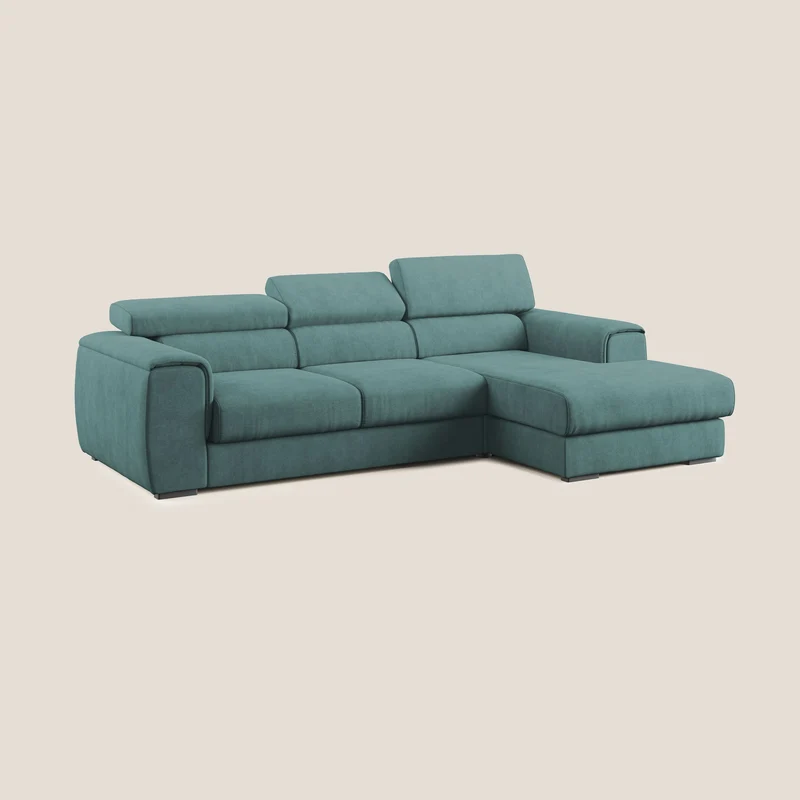 Zeno canapé d'angle et pouf extractible en tissu doux imperméable T02 bleu canard