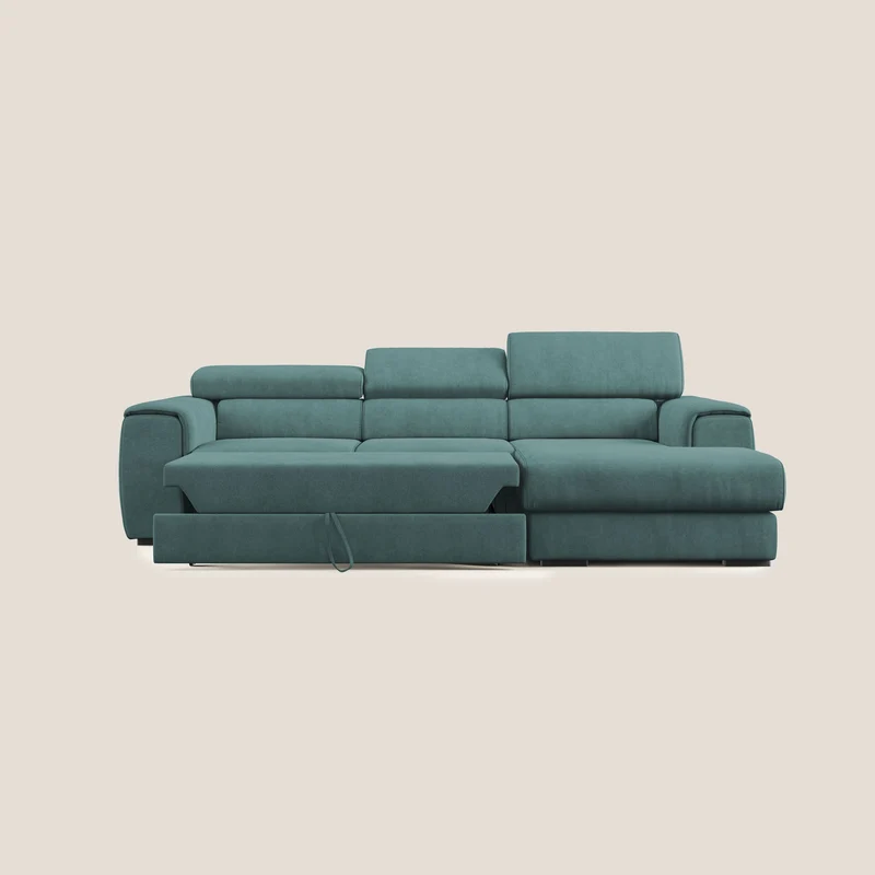 Zeno canapé d'angle et pouf extractible en tissu doux imperméable T02 bleu canard